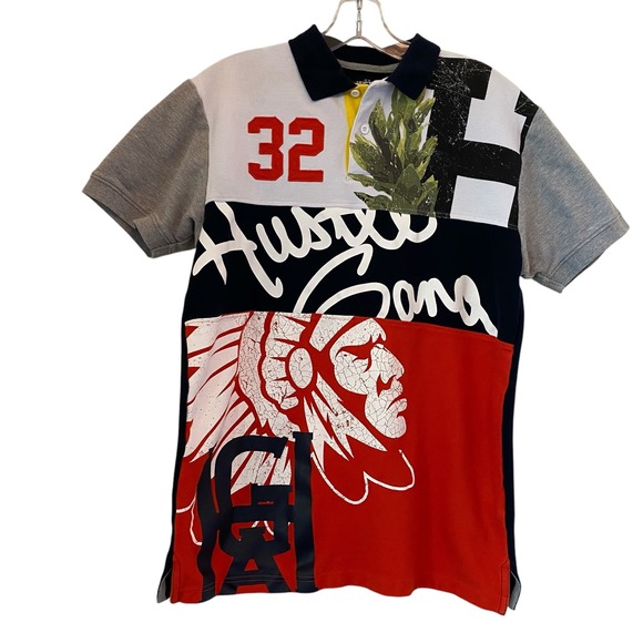 Hustle Gang Graphic Polo Shirt Indian Head Embroidered Patchwork Men's Medium - Picture 1 of 12